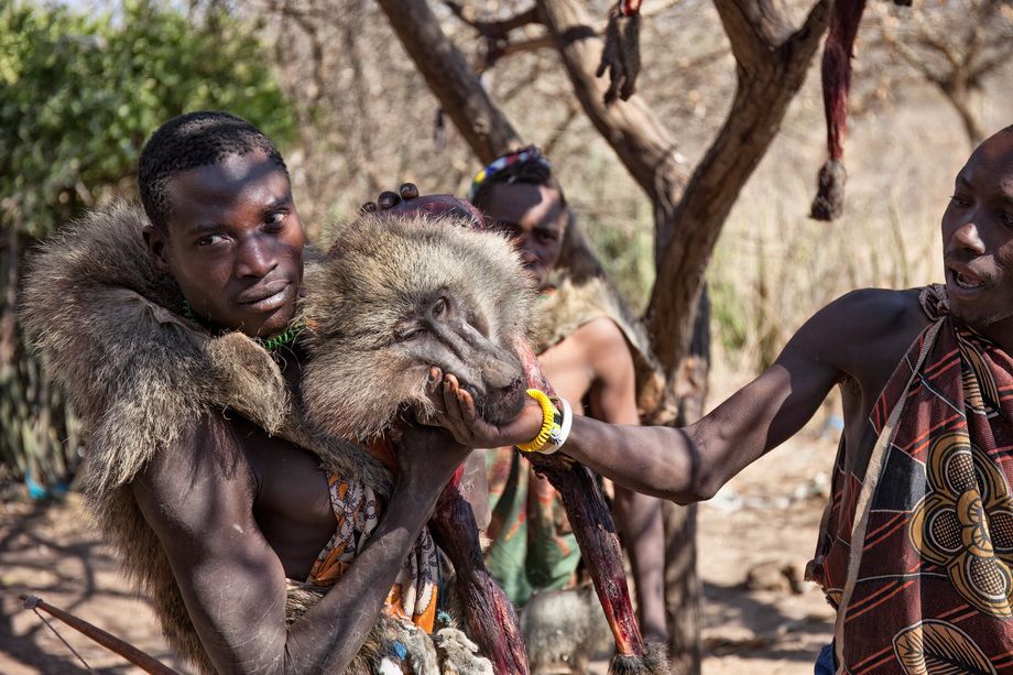 Hadzabe hunters with the results of a traditional hunt
