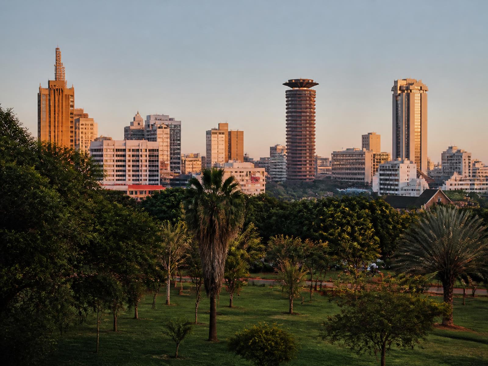 The Nairobi skyline at golden hour seen beyond green parkland